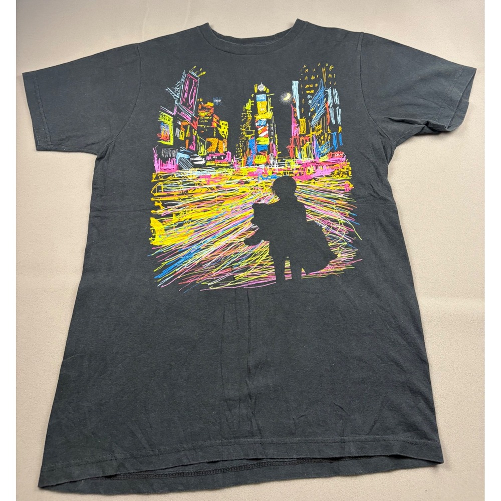 Threadless The City That Never Sleeps Black Graphic T-Shirt Neon Sketch Small